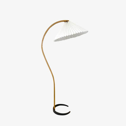 Retro Stehlampe mit geschwungenem Holzfuß & Falt-Lampenschirm – Design Stehleuchte für Wohnzimmer & Leseecke