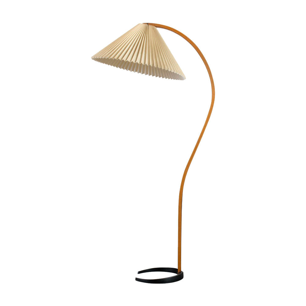 Retro Stehlampe mit geschwungenem Holzfuß & Falt-Lampenschirm – Design Stehleuchte für Wohnzimmer & Leseecke