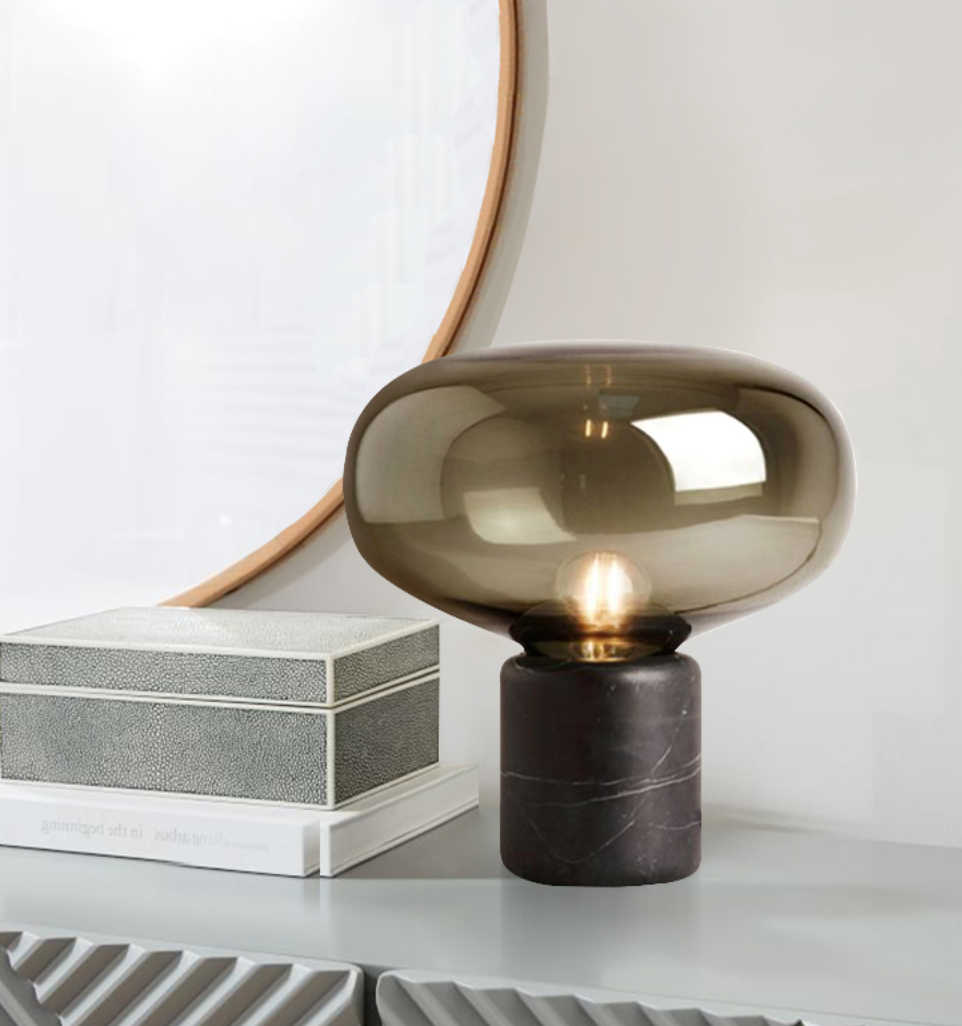 Tischlampe mit Rauchglas & schwarzem Marmorsockel – Elegante Designerleuchte für Wohnzimmer, Büro & Schlafzimmer