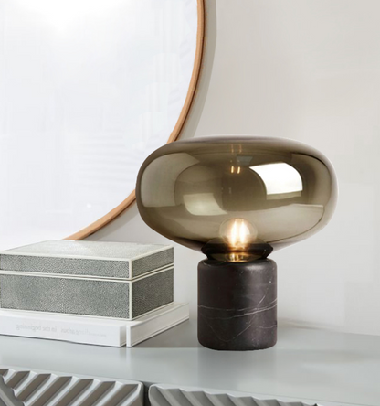 Tischlampe mit Rauchglas & schwarzem Marmorsockel – Elegante Designerleuchte für Wohnzimmer, Büro & Schlafzimmer