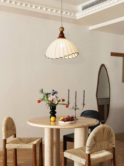 Pendelleuchte im Vintage-Stoffdesign mit Holz- & Messingdetails – Retro Hängelampe für Esszimmer, Küche & Wohnzimmer – Handwerkliche Ästhetik