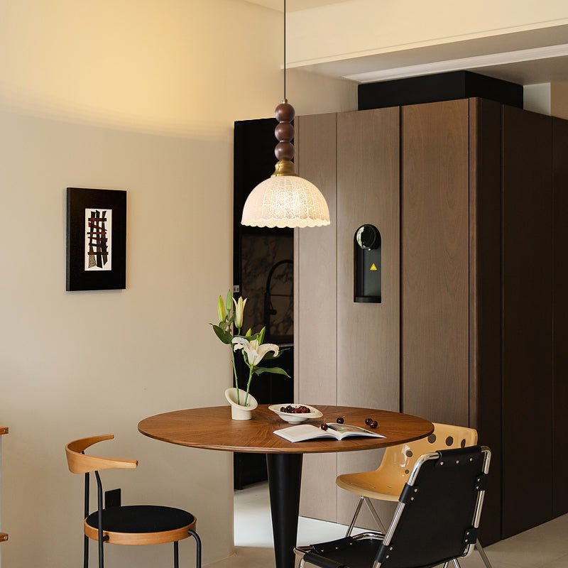 Retro Pendelleuchte mit Holz- & Glaselementen – Vintage Hängelampe für Esszimmer, Küche & Wohnzimmer – Feine Musterung & warme Lichtatmosphäre