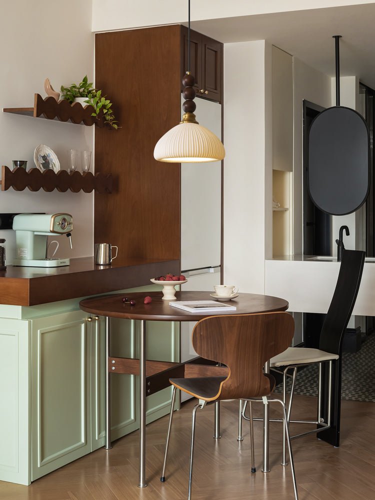 Retro Pendelleuchte mit Holz- & Glaselementen – Vintage Hängelampe für Esszimmer, Küche & Wohnzimmer – Feine Musterung & warme Lichtatmosphäre