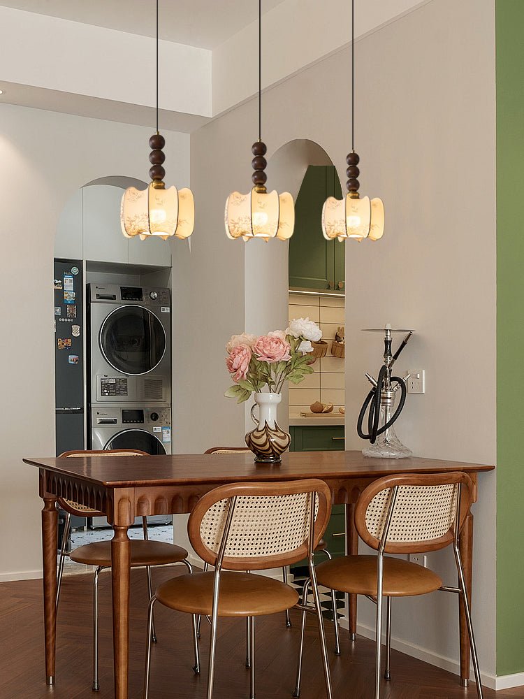 Retro Pendelleuchte mit Holz- & Glaselementen – Vintage Hängelampe für Esszimmer, Küche & Wohnzimmer – Feine Musterung & warme Lichtatmosphäre