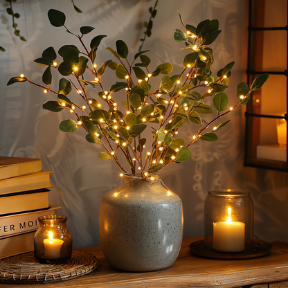 LED Eukalyptus Lichterzweige – Dekozweige mit warmweißen Lichterketten für Vase, Wohnzimmer & Schlafzimmer