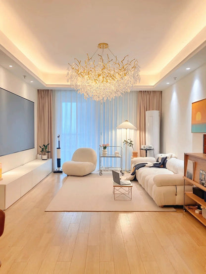 Luxuriöser Kristall Kronleuchter in Blätter-Design – Designer Hängeleuchte für Wohnzimmer, Esszimmer & Hotel – Goldene Äste & Glaskristalle