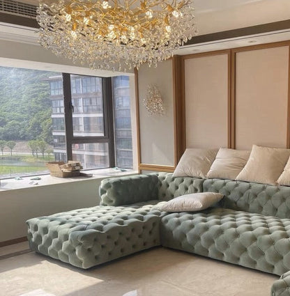 Luxuriöser Kristall Kronleuchter in Blätter-Design – Designer Hängeleuchte für Wohnzimmer, Esszimmer & Hotel – Goldene Äste & Glaskristalle