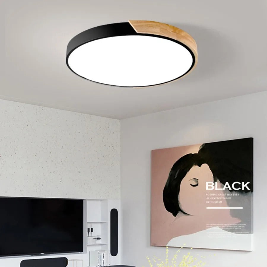 Runde LED Deckenleuchte mit Holz- und Schwarz-Akzent – Modernes Design für Wohnzimmer, Schlafzimmer & Flur