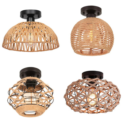 Rattan Deckenleuchte im rustikalen Stil – Vintage Hängelampe aus Naturmaterialien, LED geeignet