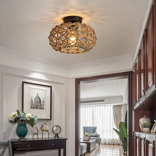 Rattan Deckenleuchte im rustikalen Stil – Vintage Hängelampe aus Naturmaterialien, LED geeignet