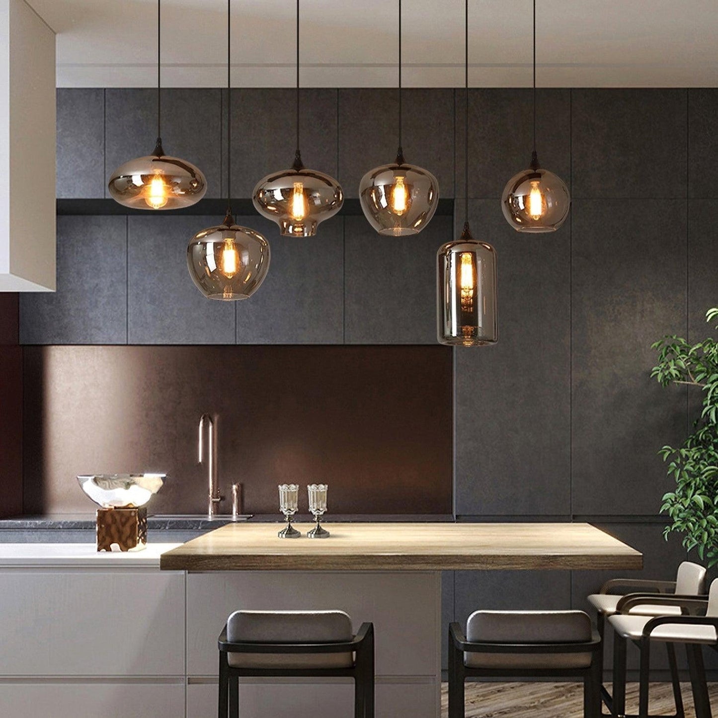 Set aus Designer-Pendelleuchten mit Rauchglas – Moderne Hängelampen im Industrial Look für Esszimmer, Wohnzimmer & Loft – Mix & Match Cluster-Design