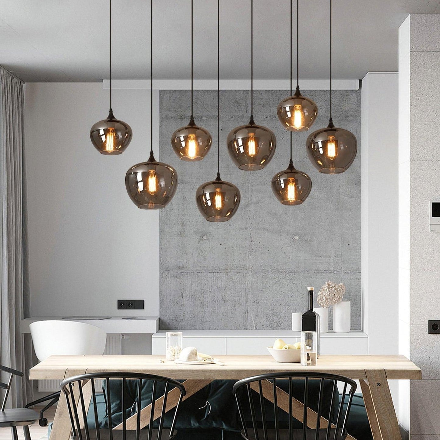 Set aus Designer-Pendelleuchten mit Rauchglas – Moderne Hängelampen im Industrial Look für Esszimmer, Wohnzimmer & Loft – Mix & Match Cluster-Design