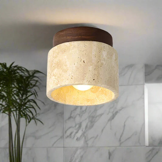 Moderne Deckenleuchte aus Naturstein & Holz – Zylindrische Aufbaulampe für Flur, Badezimmer & Wohnzimmer