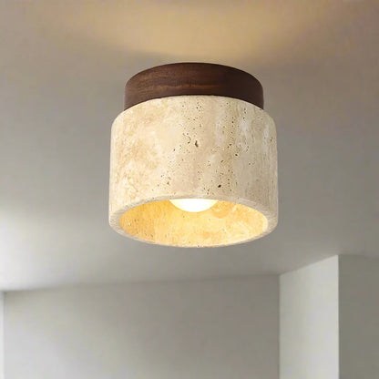 Moderne Deckenleuchte aus Naturstein & Holz – Zylindrische Aufbaulampe für Flur, Badezimmer & Wohnzimmer