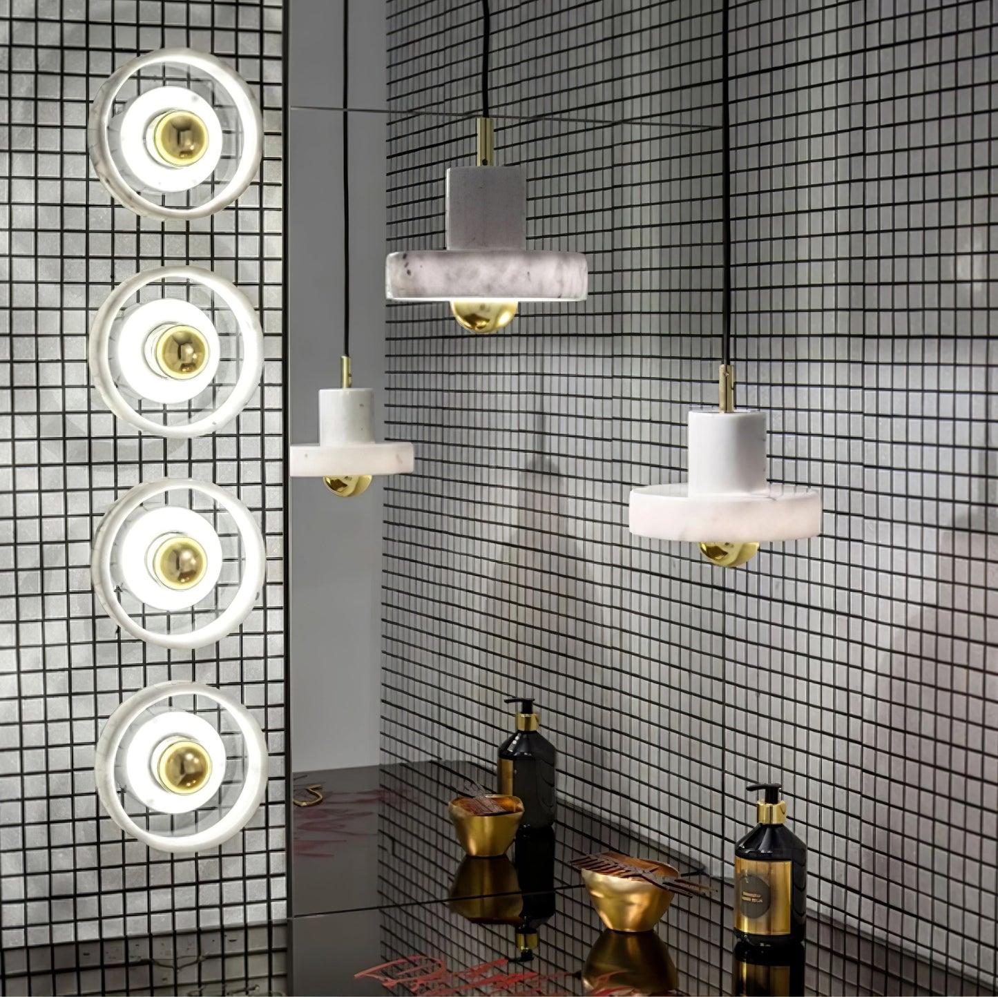 Pendelleuchte im Marmor-Look mit Gold-Element – Luxuriöse Hängelampe für Küche, Esszimmer & Wohnbereich