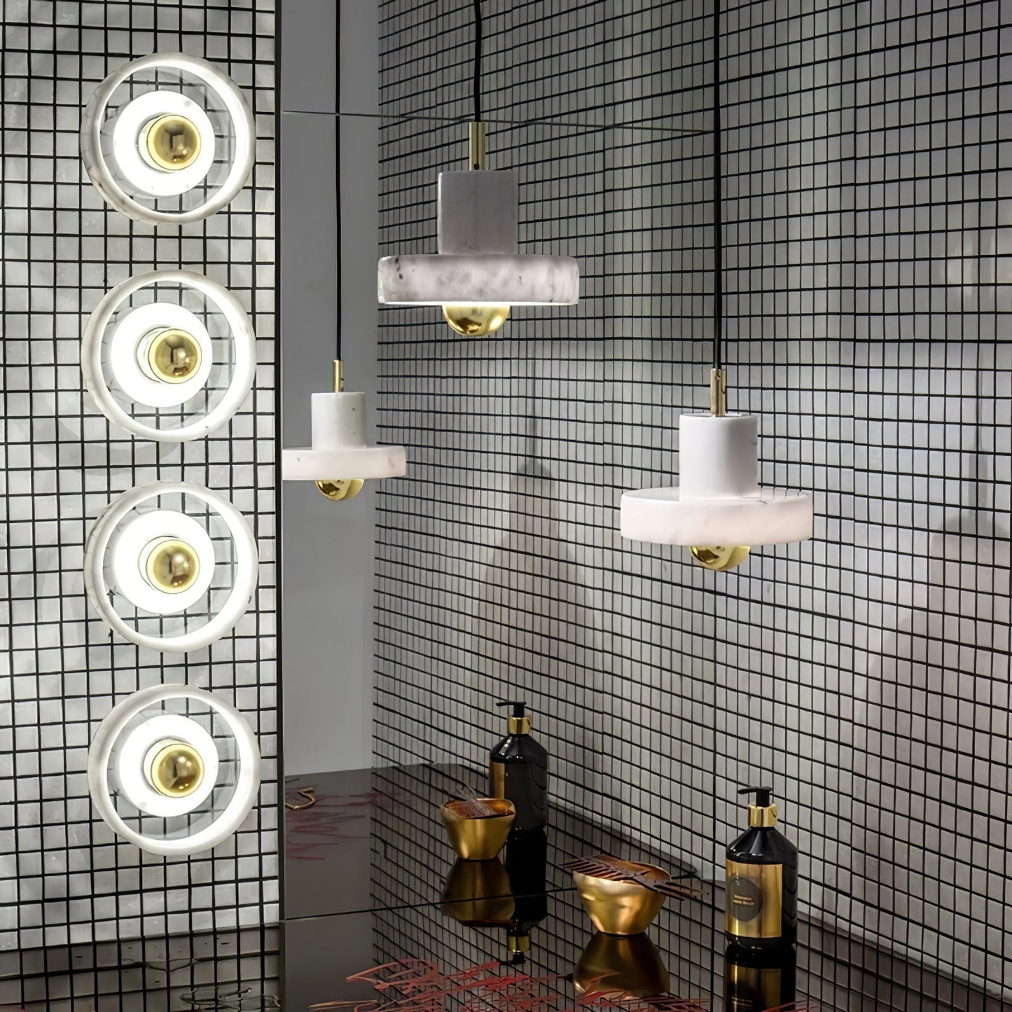 Pendelleuchte im Marmor-Look mit Gold-Element – Luxuriöse Hängelampe für Küche, Esszimmer & Wohnbereich