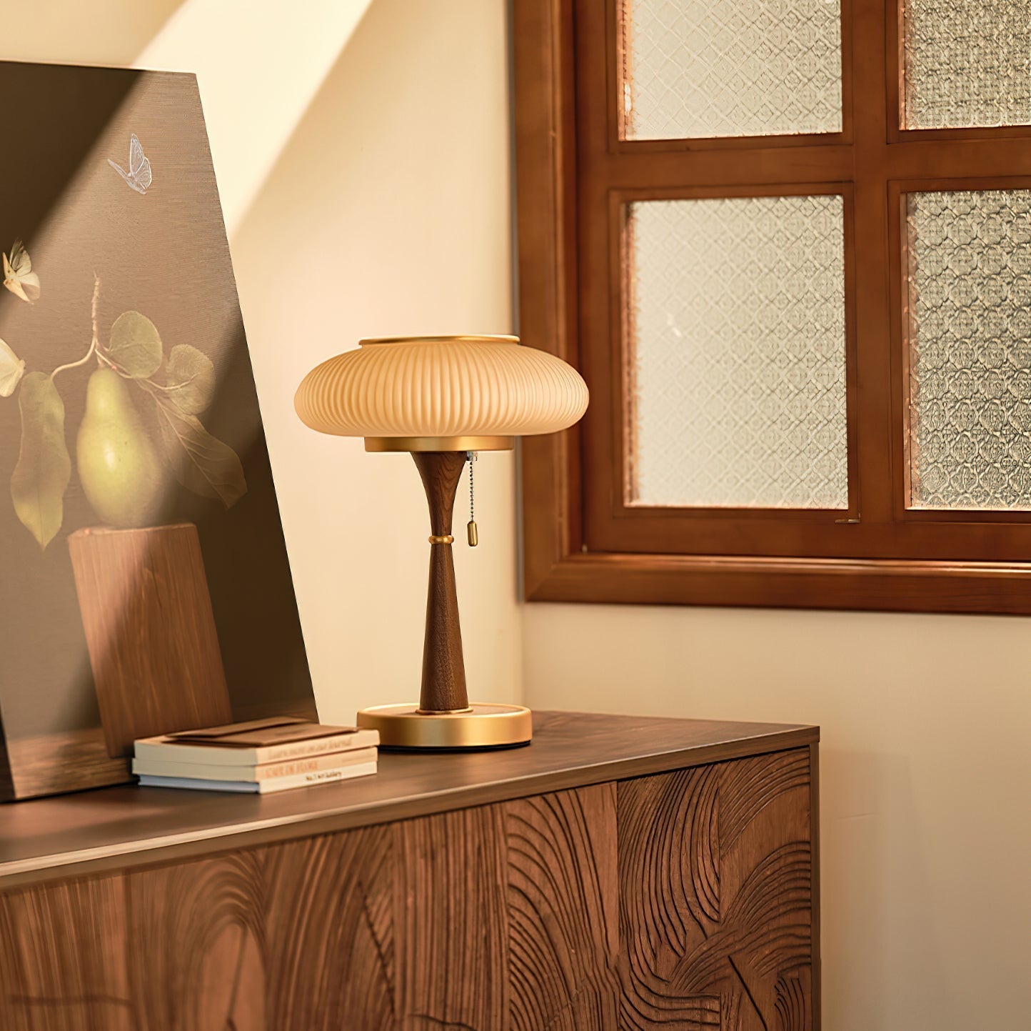 Tischlampe im Pilzdesign – Matsutake-inspiriert, E27-Fassung, Glas-Holz-Metall-Mix, LED-kompatibel