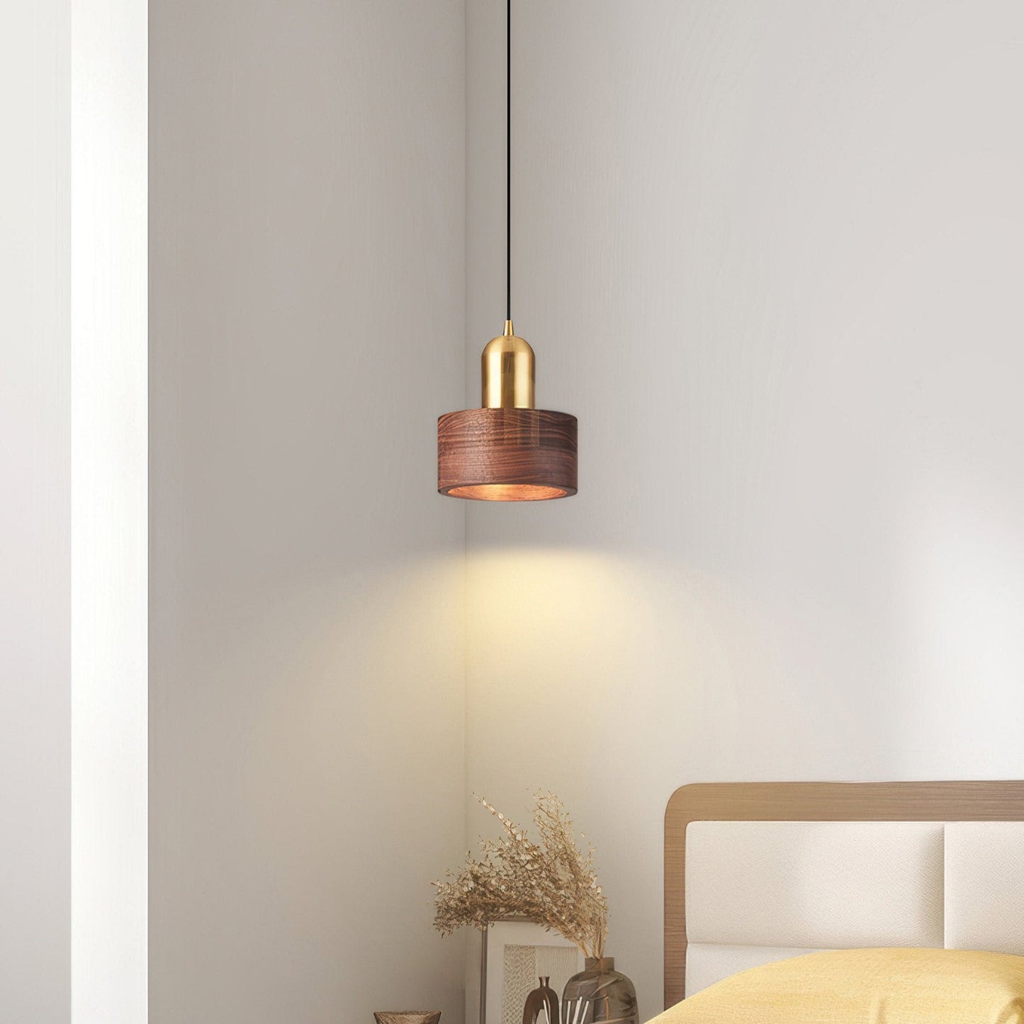 Pendelleuchte Holz & Messing – Minimalistische Nachttischlampe im Mid-Century Stil für Schlafzimmer & Wohnzimmer