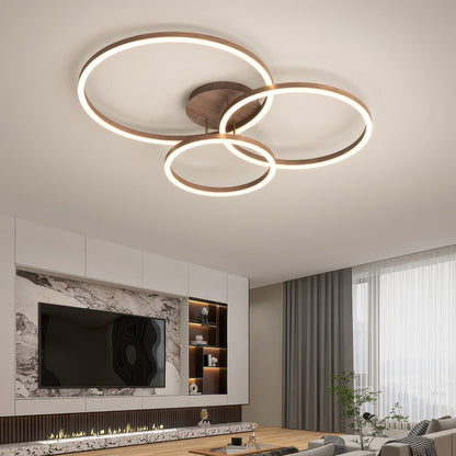 Moderne LED Deckenleuchte mit 3 Ringen – Minimalistische Deckenlampe mit Holz-Optik für Wohnzimmer, Esszimmer & Büro