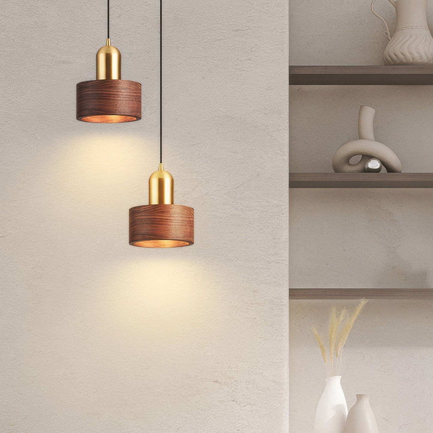Pendelleuchte Holz & Messing – Minimalistische Nachttischlampe im Mid-Century Stil für Schlafzimmer & Wohnzimmer