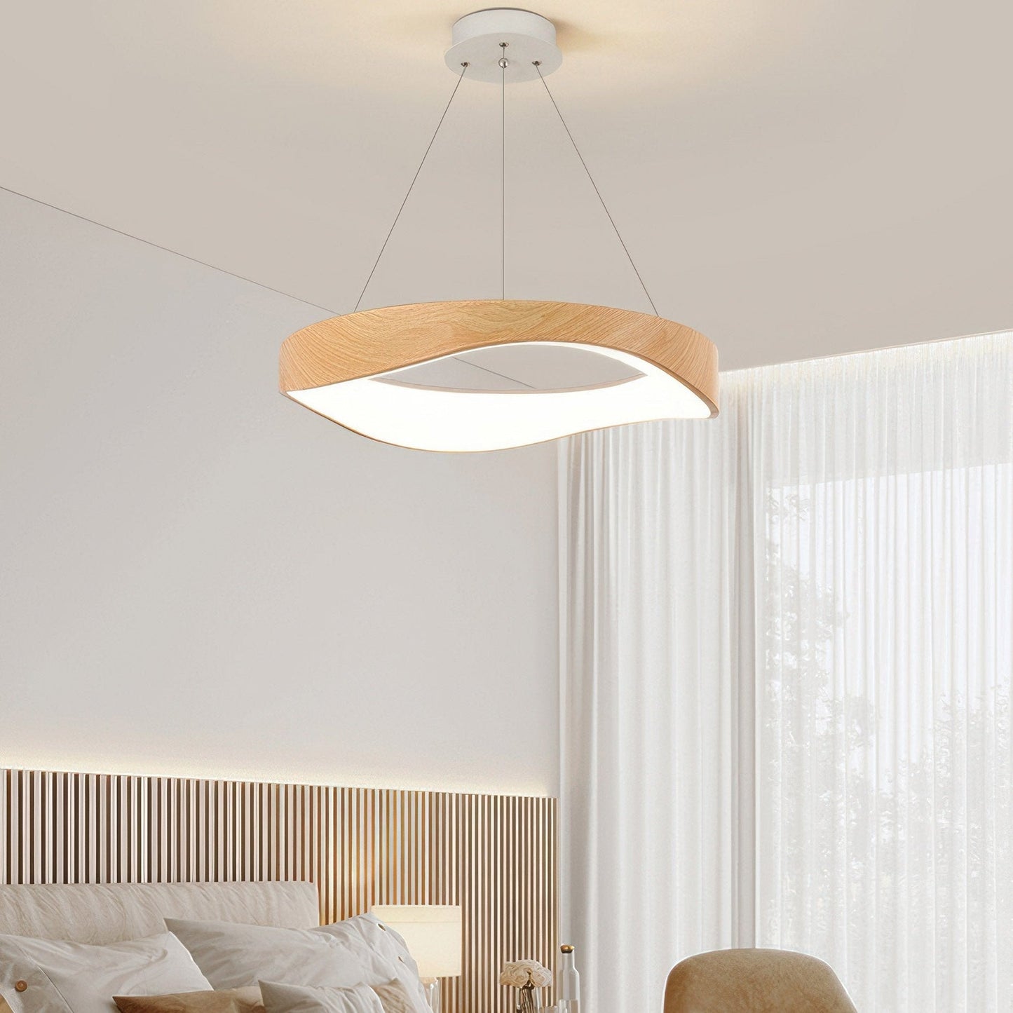 Moderne LED Pendelleuchte in Holzoptik – Wellenförmiges Design für Wohnzimmer, Esszimmer & Schlafzimmer