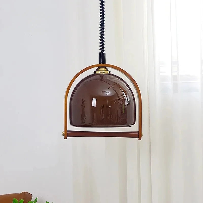 Retro Pendelleuchte im Mid-Century Stil – Holzrahmen & Bernsteinfarbener Glaslampenschirm für Esszimmer, Küche & Wohnzimmer