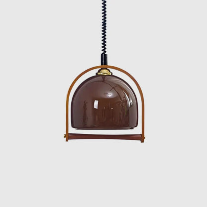 Retro Pendelleuchte im Mid-Century Stil – Holzrahmen & Bernsteinfarbener Glaslampenschirm für Esszimmer, Küche & Wohnzimmer