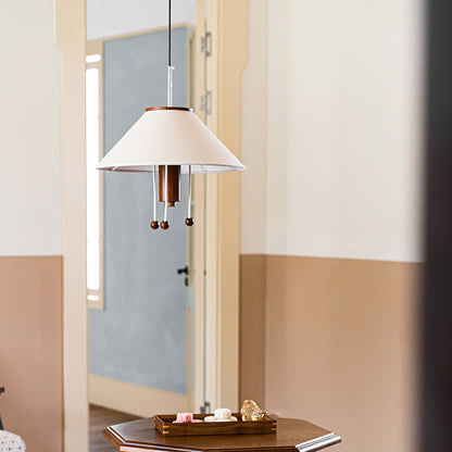 Vintage Pendelleuchte im japanischen Stil – Stoffschirm Hängelampe mit Holzdetails für Wohnzimmer & Essbereich