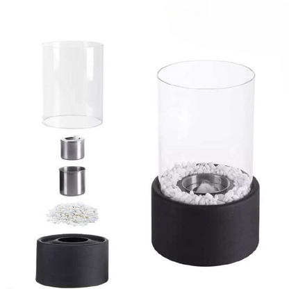 Mini Tischkamin mit Glaszylinder – Bioethanol-Feuerstelle für Innenräume, Balkon & Terrasse