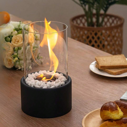 Mini Tischkamin mit Glaszylinder – Bioethanol-Feuerstelle für Innenräume, Balkon & Terrasse
