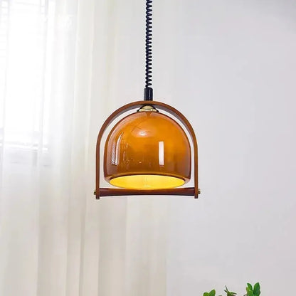 Retro Pendelleuchte im Mid-Century Stil – Holzrahmen & Bernsteinfarbener Glaslampenschirm für Esszimmer, Küche & Wohnzimmer