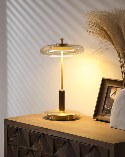 Moderne Tischleuchte mit integriertem LED – Ronaldo Design, Glas-Holz-Metall, warmweißes Licht, Ø22 cm