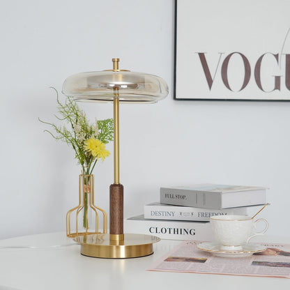 Moderne Tischleuchte mit integriertem LED – Ronaldo Design, Glas-Holz-Metall, warmweißes Licht, Ø22 cm