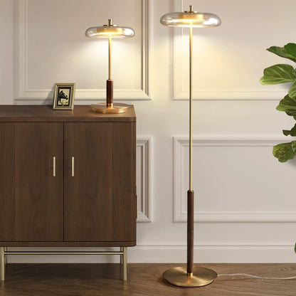 Moderne Tischleuchte mit integriertem LED – Ronaldo Design, Glas-Holz-Metall, warmweißes Licht, Ø22 cm