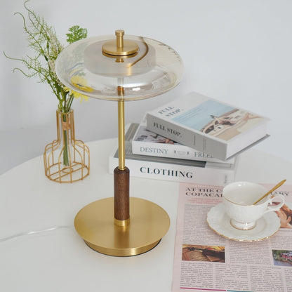 Moderne Tischleuchte mit integriertem LED – Ronaldo Design, Glas-Holz-Metall, warmweißes Licht, Ø22 cm