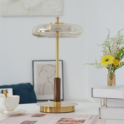 Moderne Tischleuchte mit integriertem LED – Ronaldo Design, Glas-Holz-Metall, warmweißes Licht, Ø22 cm