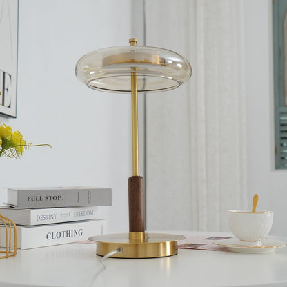 Moderne Tischleuchte mit integriertem LED – Ronaldo Design, Glas-Holz-Metall, warmweißes Licht, Ø22 cm