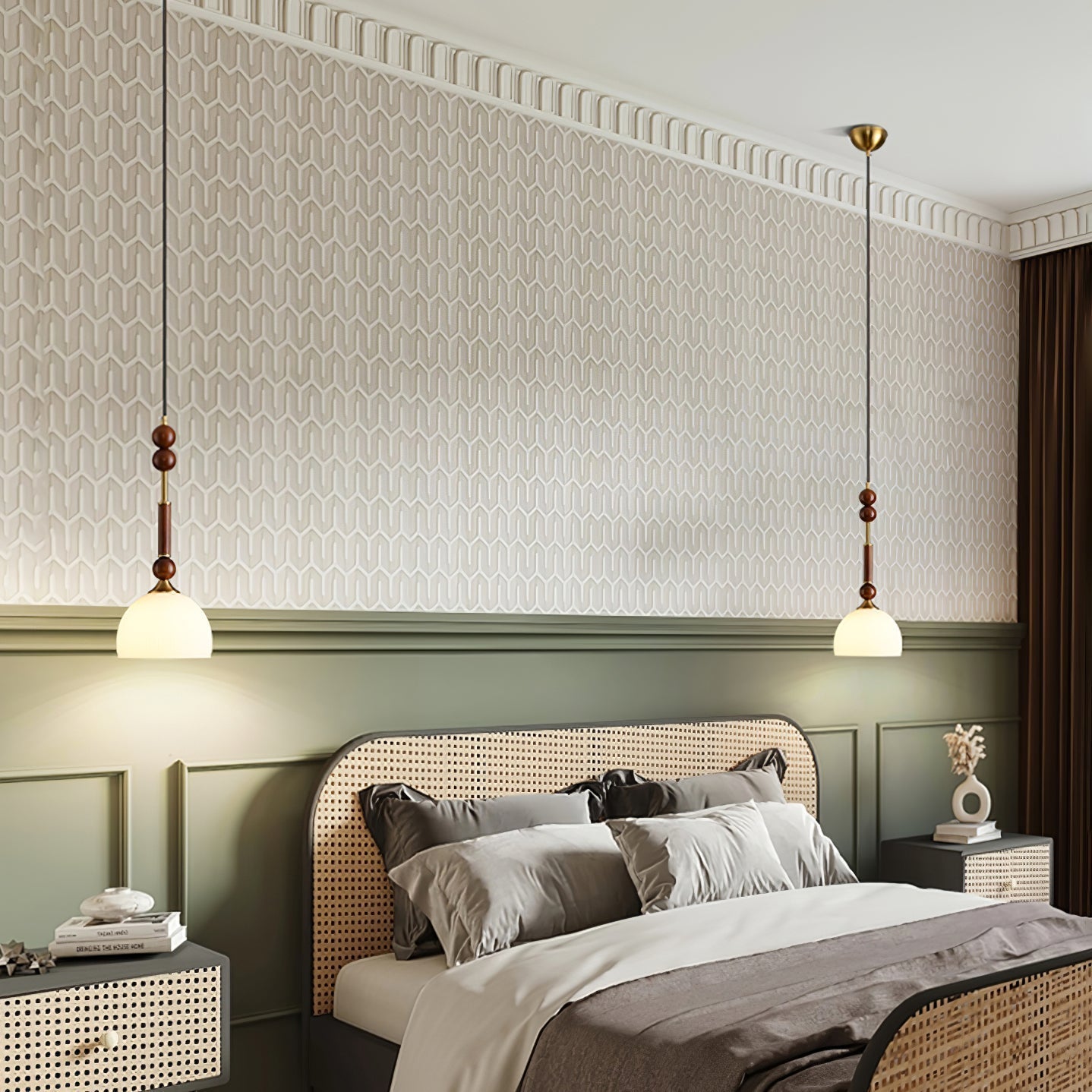 Retro Pendelleuchte mit Holz- und Messingdetails – Opalglas Hängelampe für Schlafzimmer, Wohnzimmer & Flur