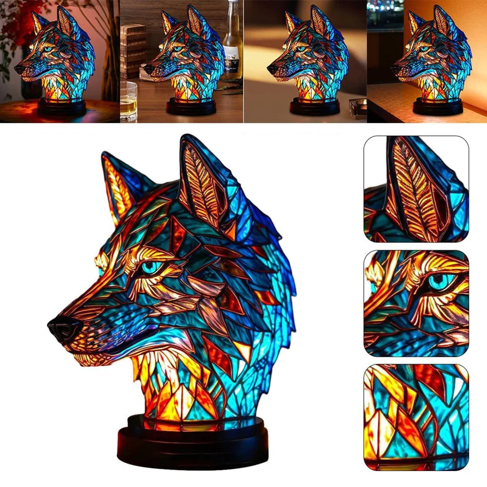 Tier-Glasmalerei-Lampe im Wolf-Design - Handgefertigte Bunte Tischlampe mit LED Beleuchtung, Dekorative Leuchte für Wohnzimmer & Schlafzimmer