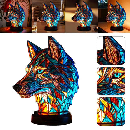 Tier-Glasmalerei-Lampe im Wolf-Design - Handgefertigte Bunte Tischlampe mit LED Beleuchtung, Dekorative Leuchte für Wohnzimmer & Schlafzimmer
