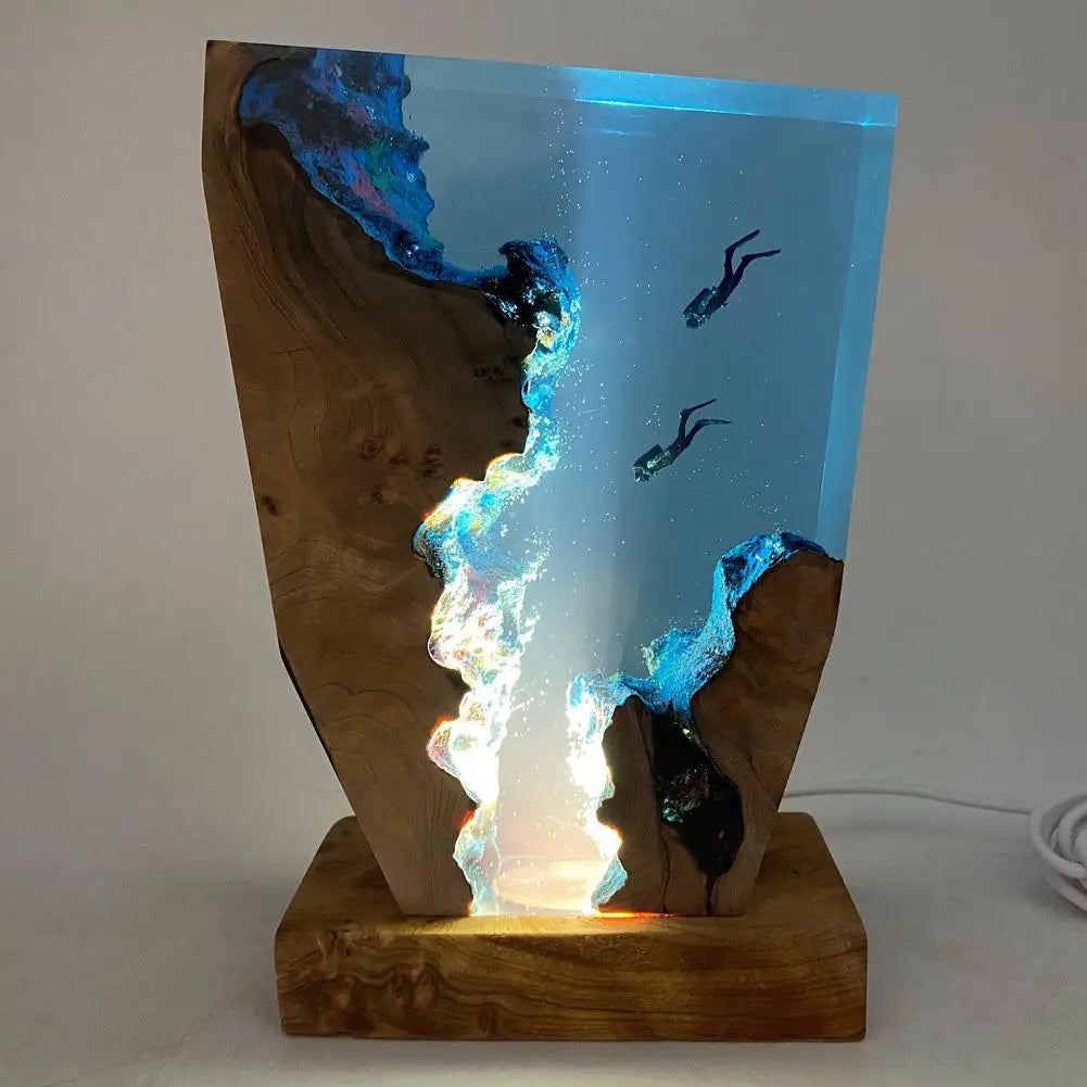 LED Ozean Taucher Tischlampe – Epoxidharz Holz Deko Lampe mit Karstlandschaft