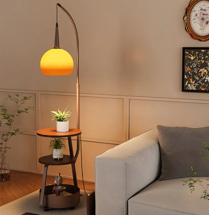 Bauhaus-inspirierter Nachttisch mit integrierter LED-Lampe – E27-Fassung, Metall-Holz-Glas-Mix, funktionales Designstück