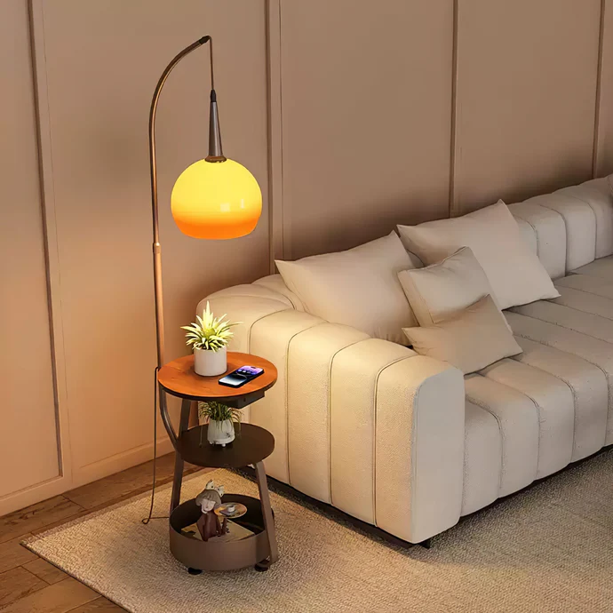 Bauhaus-inspirierter Nachttisch mit integrierter LED-Lampe – E27-Fassung, Metall-Holz-Glas-Mix, funktionales Designstück