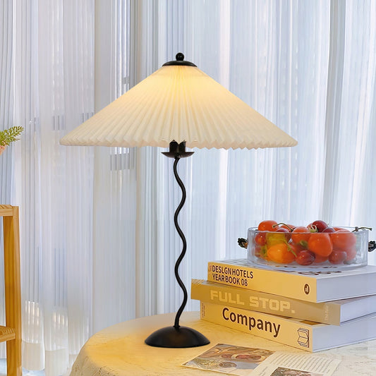 Squiggle Design Table Lamp – E14 Socket, LED Compatible, Fabric Shade & Metal, Artistic Wave Profile, Ø43 cm