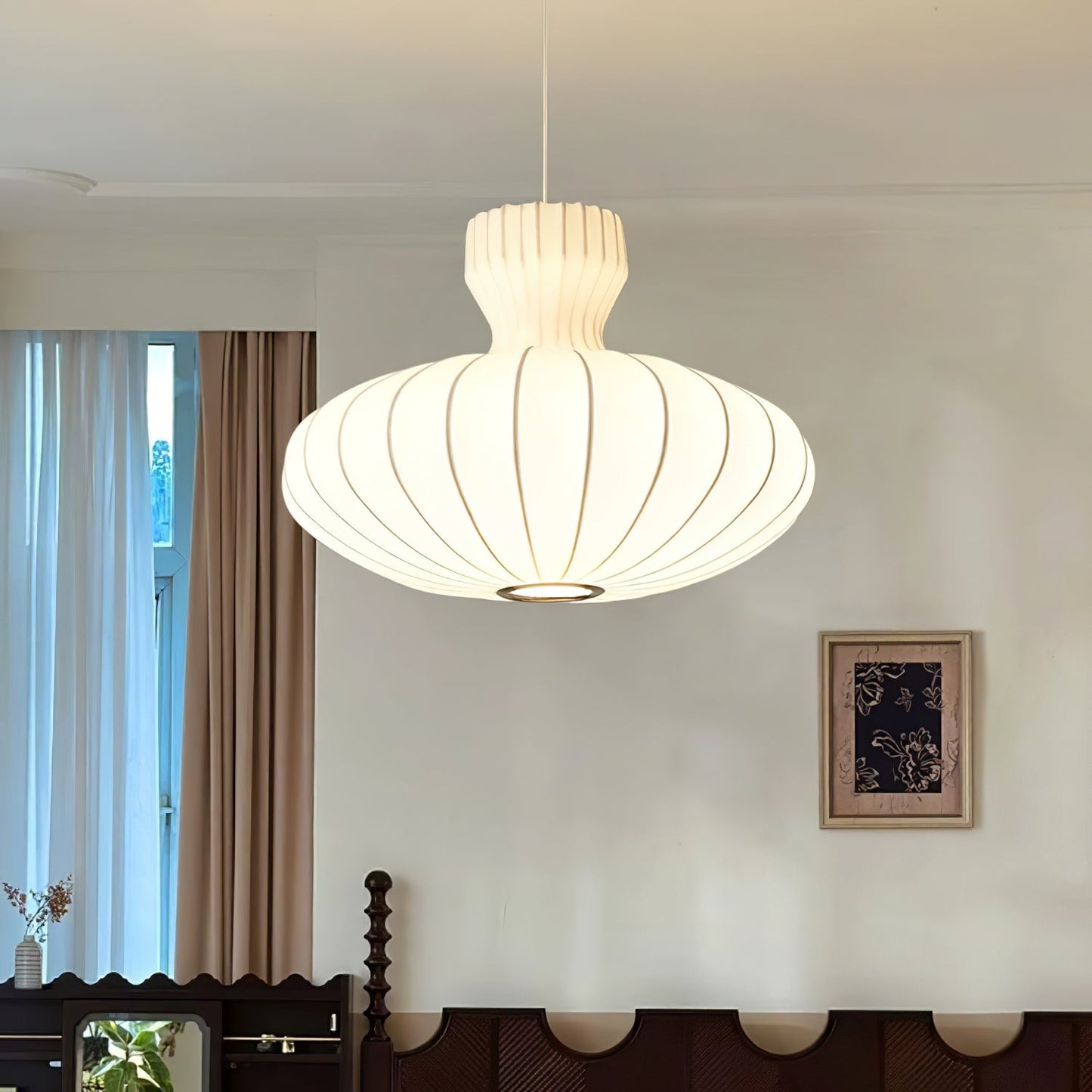 Vintage Pendelleuchte im Mid-Century Design – Runder Stofflampenschirm für Wohnzimmer, Esszimmer & Schlafzimmer