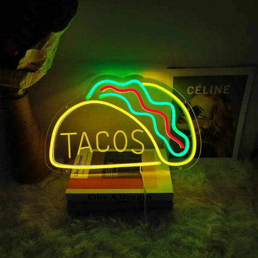 Neon Fast Food Schild – Leuchtendes Tacos Design, LED Nachtlicht für Restaurants und Küchen
