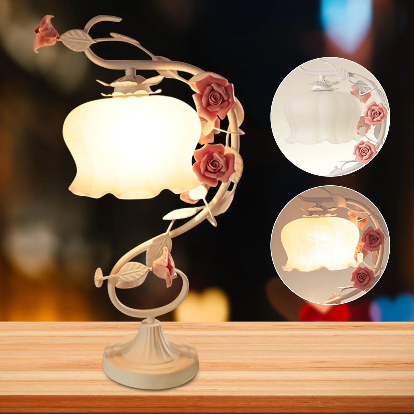 Elegante Tischlampe im europäischen Stil – Vintage Design mit Rosen-Dekor und Glas-Schirm