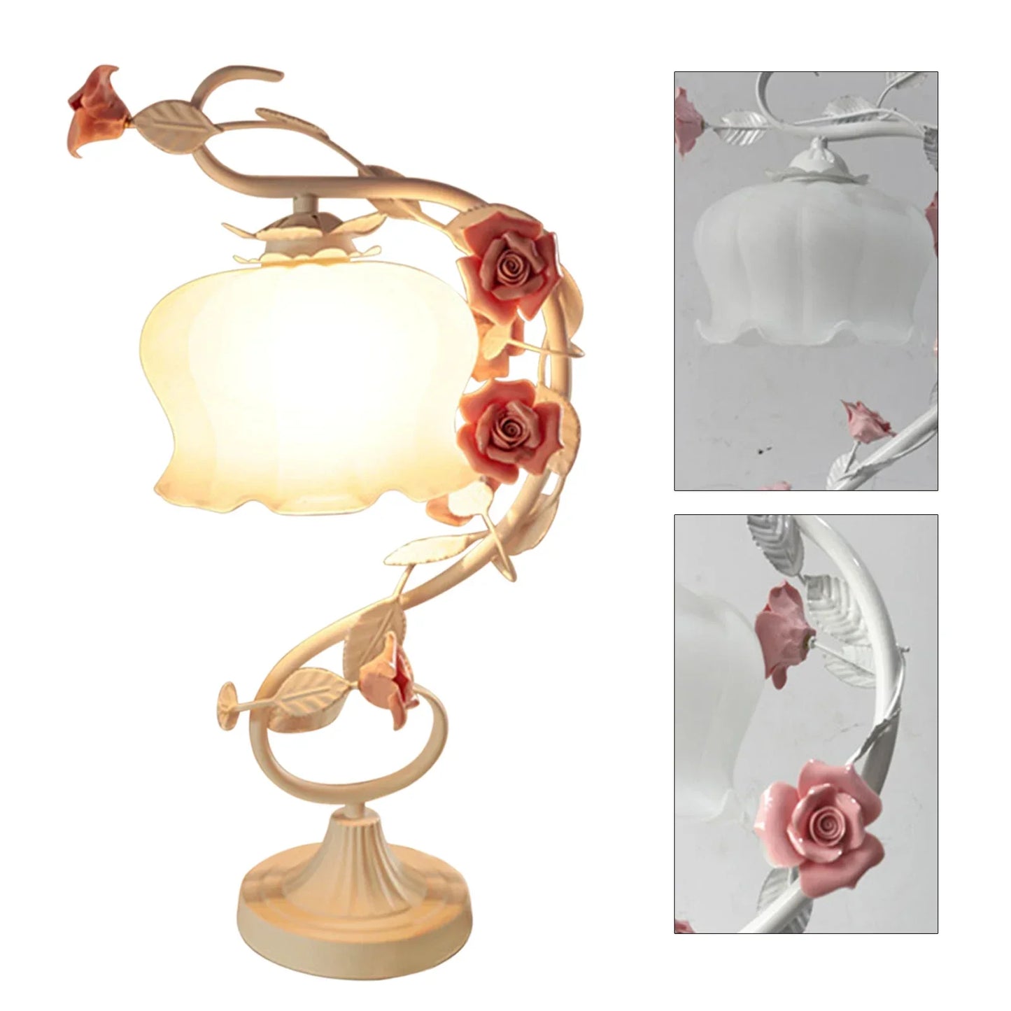 Elegante Tischlampe im europäischen Stil – Vintage Design mit Rosen-Dekor und Glas-Schirm