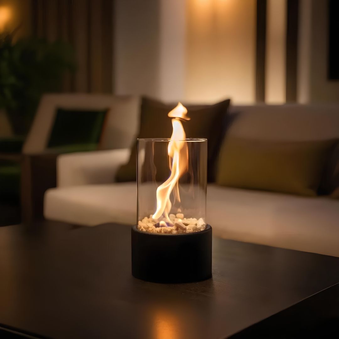 Mini Tischkamin mit Glaszylinder – Bioethanol-Feuerstelle für Innenräume, Balkon & Terrasse