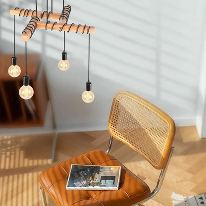 ForgeGlo Industrieller Kronleuchter aus Holz und Metall – Vintage Deckenleuchte mit Retro-Edison-Glühbirnen